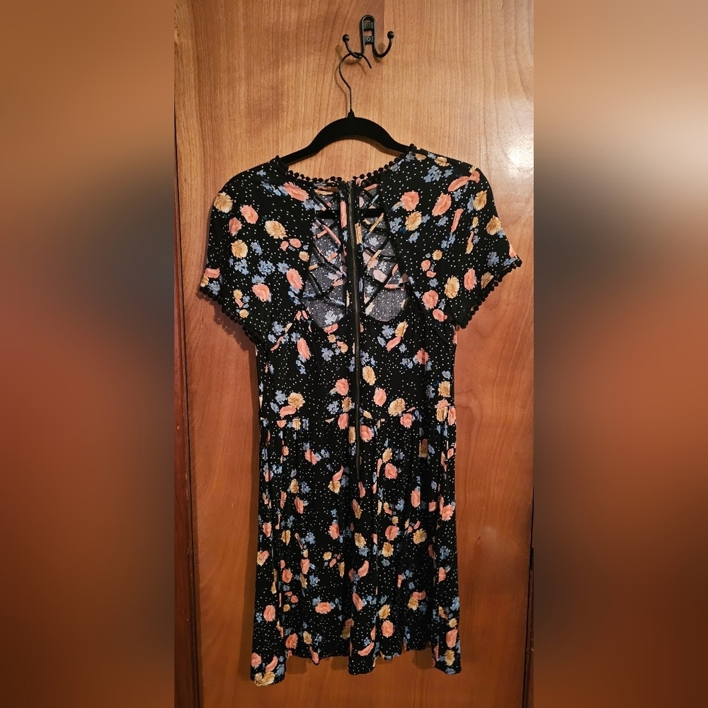 Xhilaration Black Floral Skater Mini Dress Pom Trim Short Sleeve - Picture 2 of 6